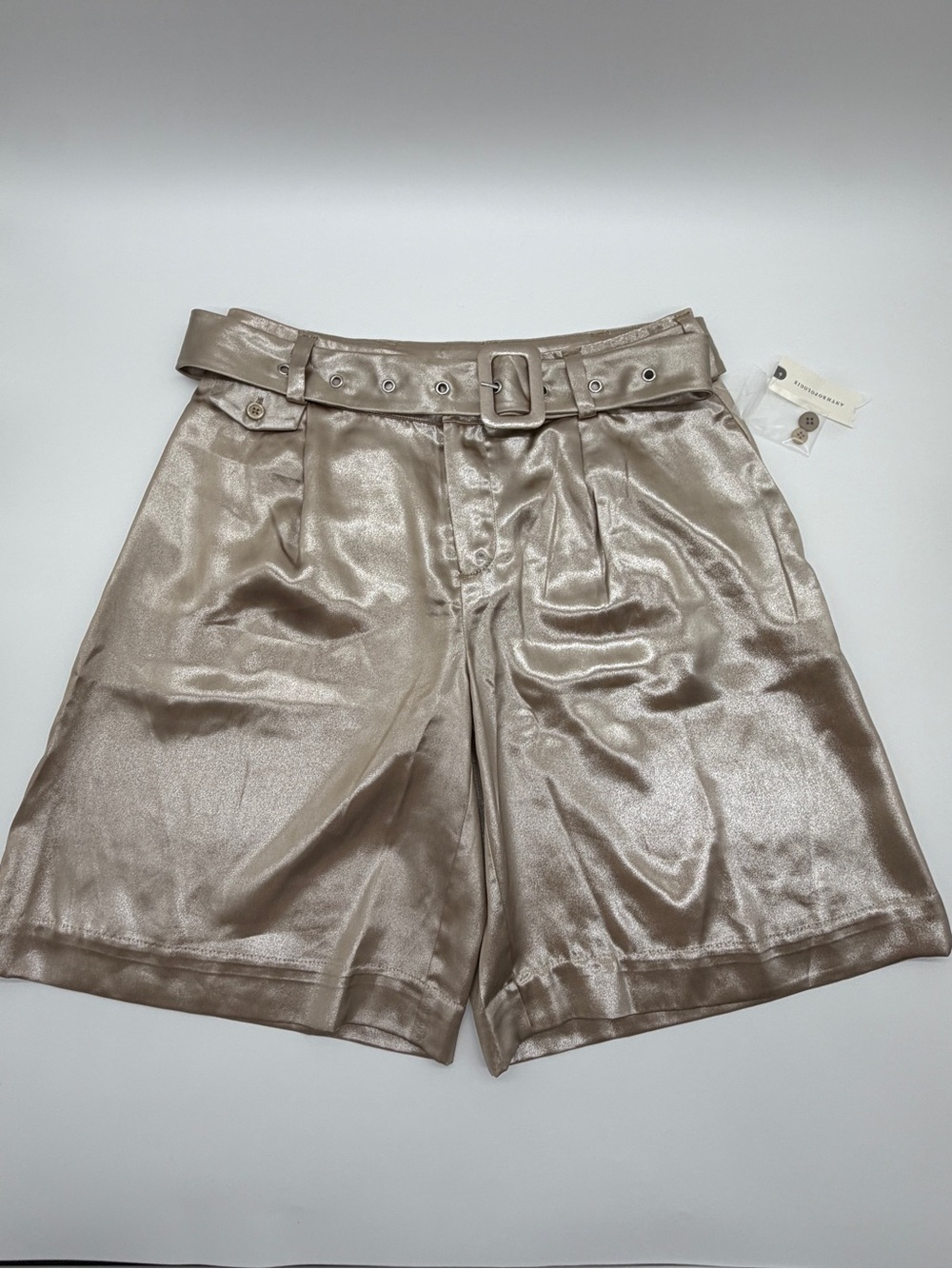 Metallic Gold Satin Belted Women’s High-Waist Shorts Size 2 NWT Pleated Bermuda